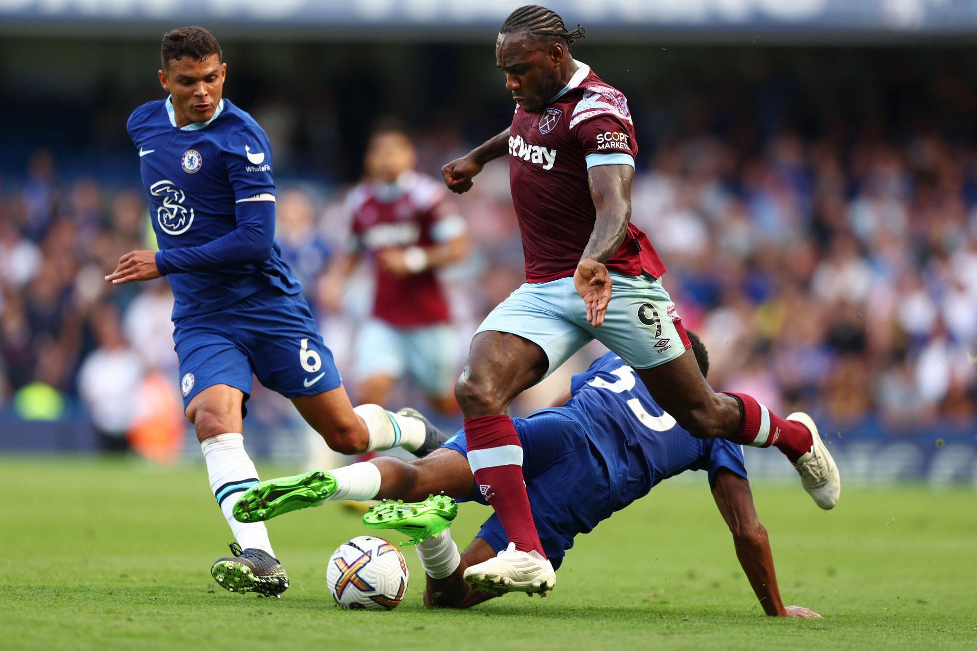 Wesley Fofana and Thiago Silva defending against West Ham United's Michail Antonio.